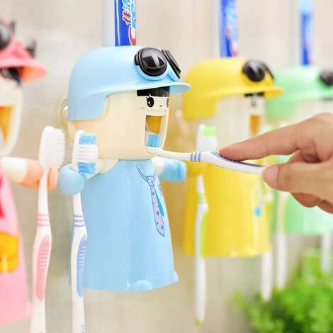 Porte-brosse à dents pour enfants avec gobelet, distributeur de dentifrice mains libres automatique pour enfants motif dessin animé, kit de salle de bain facile à nettoyer (Bleu)