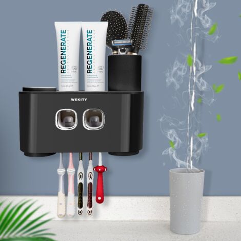 Porte-brosse à dents pour salle de bain, 2 tasses, 2 distributeurs de dentifrice, support de brosse à dents avec 6 emplacements pour brosses, 1 plateau de grande capacité, 1 tiroir cosmétique (2