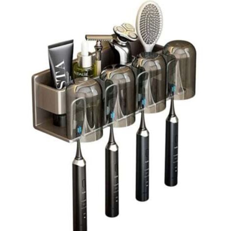 Porte-brosse à dents Space en aluminium, support mural de salle de bain pour dentifrice avec 4 tasses, gris