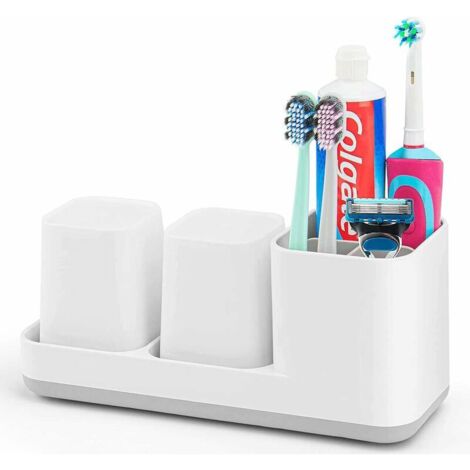 Porte-Brosse à Dents, Support Brosse à Dents pour la Brosse à Dents et la pâte Dentifrice, Gobelets à Dents, 2 Tasses à Dents de Salle de Bain, Plastique, Blanc