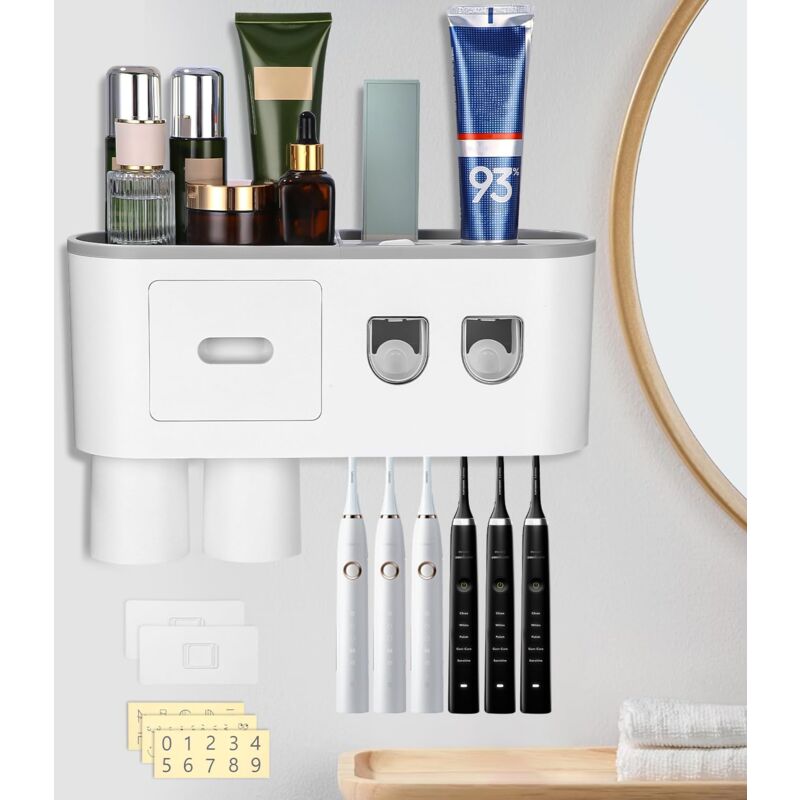 Porte Brosse Dent Mural, Support de Brosse à Dents avec Distributeur Dentifrice Automatique Double, 6 Emplacements pour Brosse, 2 Tasses Magnétiques