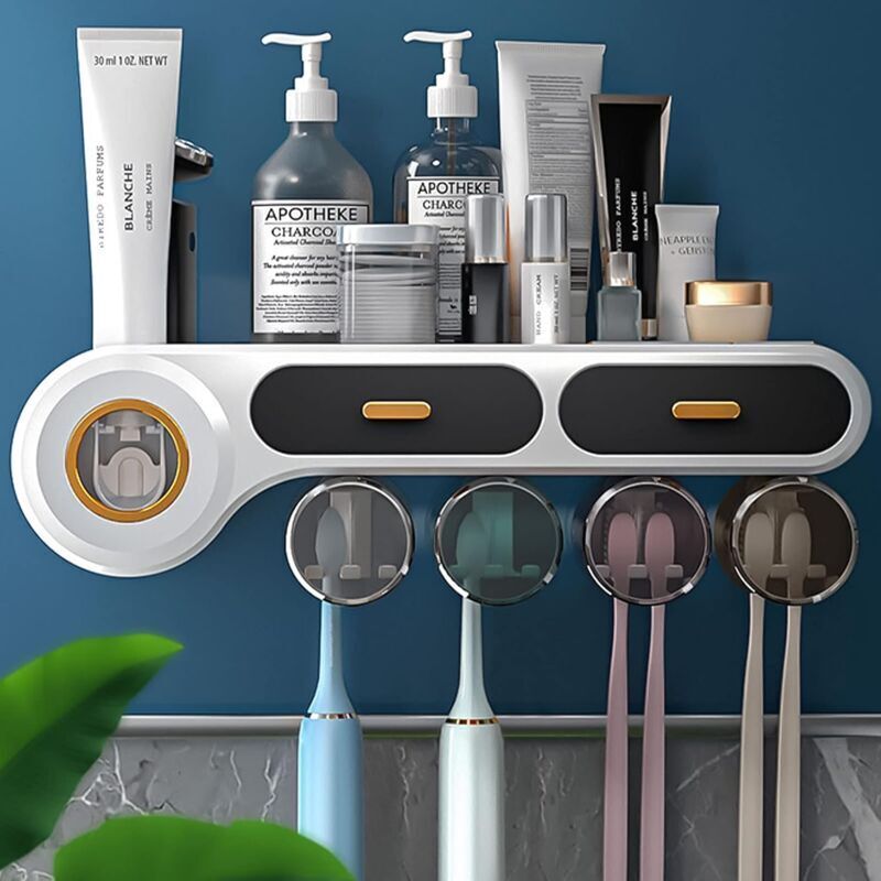 Porte-brosse à dents mural avec deux distributeurs automatiques de dentifrice, 8 emplacements pour brosses, 4 gobelets magnétiques