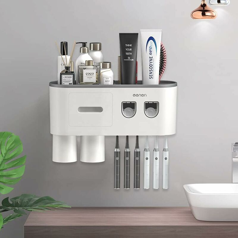 Porte-brosse à dents mural avec deux distributeurs automatiques de dentifrice, gris, 2 distributeurs de dentifrice, 2 tasses