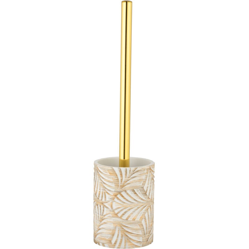 Porte brosse wc Terralba Wenko Tête remplaçable en silicone, Surface motif feuilles avec reflet doré, Manche inox doré, Polyrésine, 9x36cm, Or et