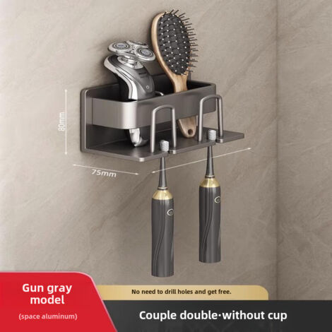 Porte-brosses à dents gris anthracite sans trou, modèle 2 personnes, fixation murale, sans gobelet, rangement pour bain de bouche et brosse à dents électrique