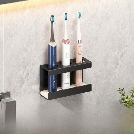 Porte-brosses à dents noir sans perçage, pour 3 personnes, fixation murale, support pour brosses à dents électriques, porte-gobelets pour dents, gobelet pour bain de bouche, dentifrice