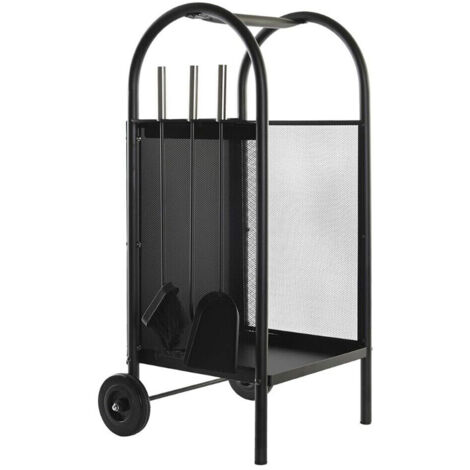 Sannover – Porte bûches à roulettes en acier – Dimensions 805x425x380mm – Avec 3 accessoires de cheminée – Idéal pour rangement bois de chauffage