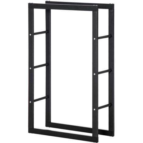 Porte-bûches au design contemporain, charge maximale de 100 kg, dimensions 60 cm (longueur) x 25 cm (largeur) x 100 cm (hauteur), en métal noir.