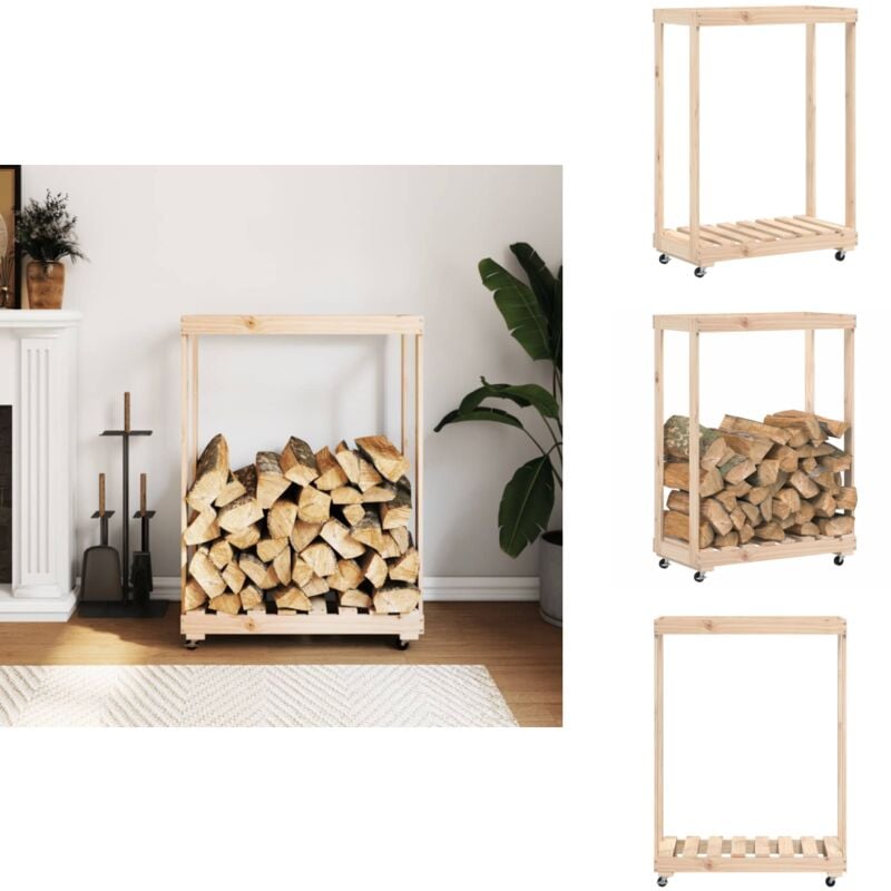 Porte-bûches avec roulettes 76,5x40x108 cm bois massif de pin - Porte-bûches - Stockage Bois - Rangement Cheminée - Abri à Bûches - Meuble Bois