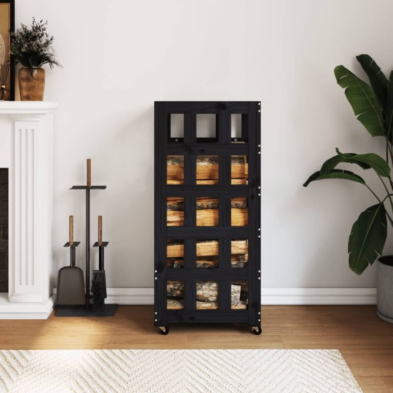 Porte-bûches avec roulettes noir 40x49x110 cm bois massif pin Vidaxl