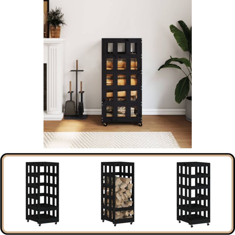 Porte-bûches avec roulettes noir 40x49x110 cm bois massif pin - Porte-bûches - Stockage Bois - Abri à Bûches - Rangement Cheminée - Meuble Bois
