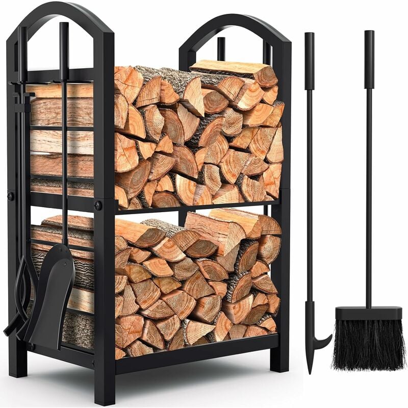 Porte bûches de cheminée avec 4 outils 74 x 40 x 30cm Ensemble d'outils de Cheminée Grande Capacité Range-bûches Support de bois de Chauffage pour