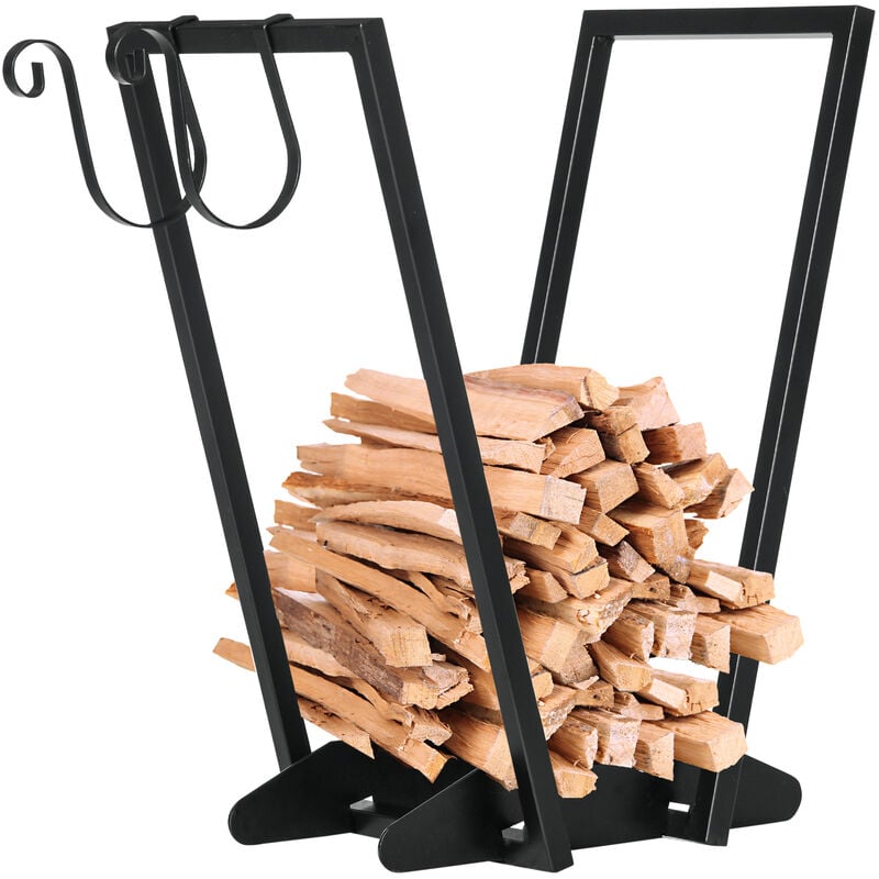 Range-bûches porte bûche range bois de chauffage en acier design trapézoïdal avec 2 crochets et étagère inférieure pour intérieur et extérieur 45 x