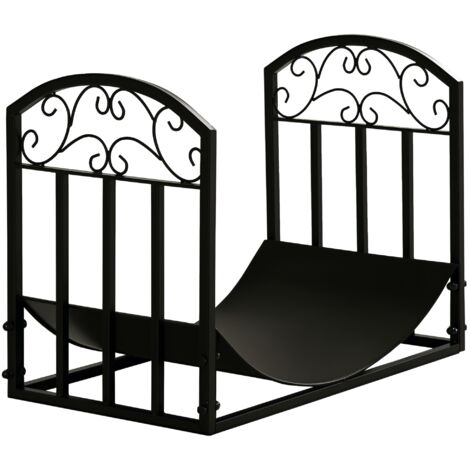 Porte-bûches métallique intérieur extérieur étagère courbée jusqu'à 60 kg bois noir 60,5x36x46,5 cm