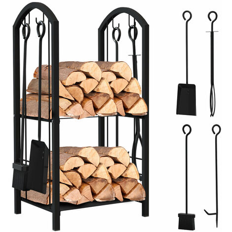 Porte-bûches pour cheminée avec 4 outils en métal noir