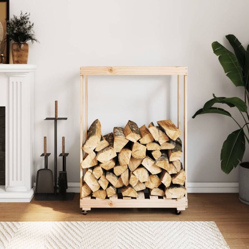 Porte-bûches Range bûches extérieur avec roulettes 76,5x40x108 cm bois massif de pin CVW74068