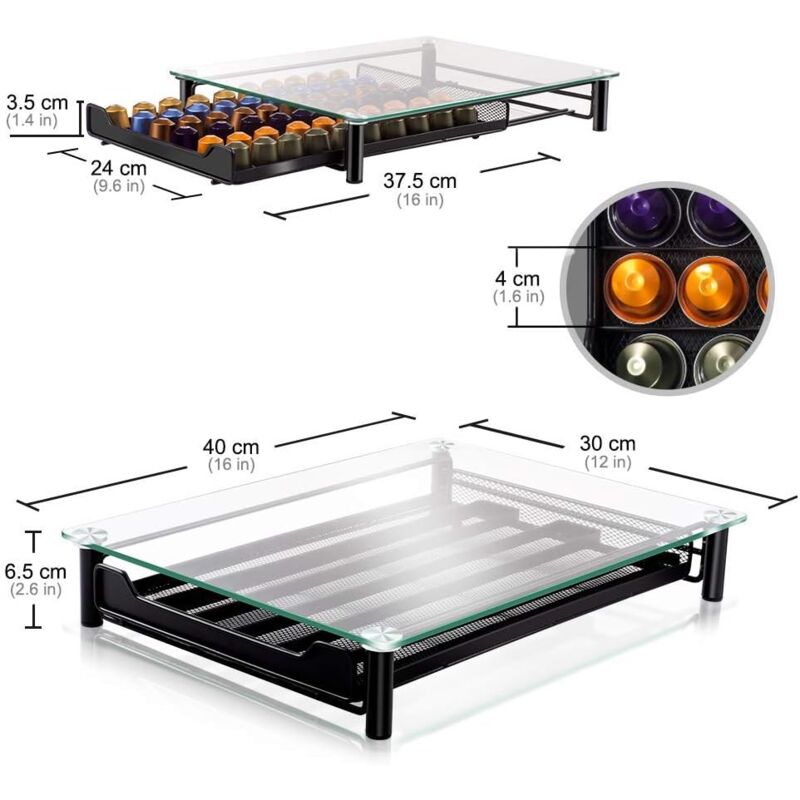 Porte Capsule de Café pour Nespresso 60 Capsules, Tiroir de Rangement avec Présentoir en Verre, Distributeur Capsules Antidérapant et Transparent