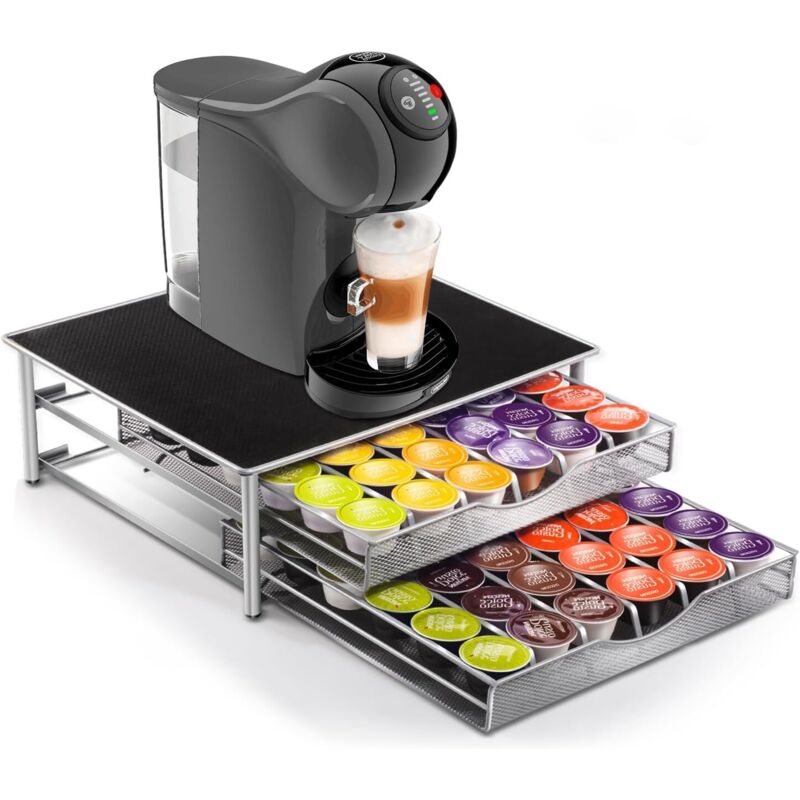 Porte Capsule Dolce Gusto 72 PCs, 2 Tiroirs de Rangement Dosettes avec Support de Machine à Café, Distributeur Capsules pour La Maison, Bureau, Café,