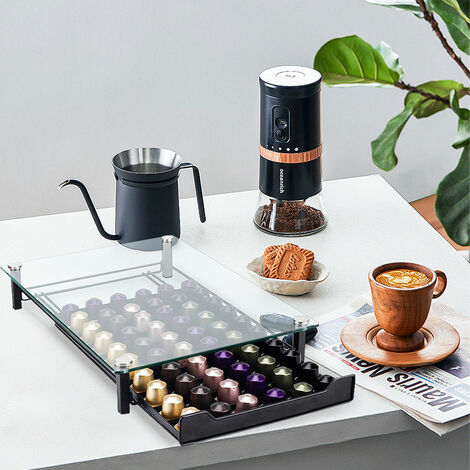 Porte-capsules de café, tiroir de rangement pour 60 capsules, boîte de rangement pour capsules en verre trempé, le distributeur de capsules pour machine à café, tiroir à capsules