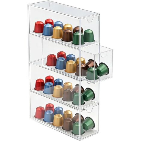 Porte-Capsules en Acrylique Transparent avec 4 Tiroirs, Organisateur de Capsules de Café pour Cuisine et Bureau, Boîte de Rangement, 24,6 x 17,5 x 6,3 cm (1)