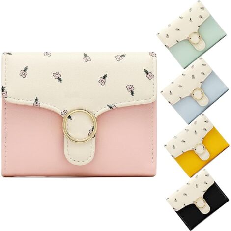 Porte-cartes de crédit en cuir PU court à boucle multi-fentes pour femmes (rose),