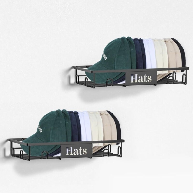Porte-casquettes en métal (sans perçage), boîte de rangement pour 20 casquettes, fixation murale, lot de 2, compatible avec tous les murs, noir