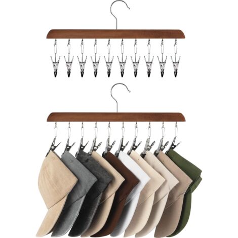 Porte-Casquettes - Support de Rangement pour Casquettes avec 10 Pinces Réglables en Acier Inoxydable - Pour Placard ou Mur - Lot de 2 - Couleur Noyer Naturel
