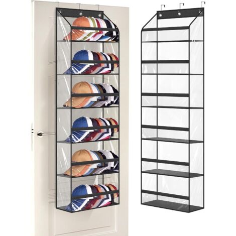 Porte-Casquettes Sur Porte - 6 Niveaux - Capacité 72 Casquettes - Poches Profondes En PVC Transparent - Avec 3 Crochets Métalliques Réversibles - Noir