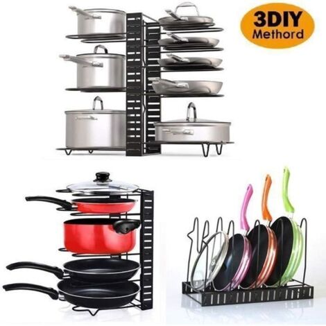 Porte-casseroles Détachable Support Acier Inoxydable 3 en 1 Organiseur de Poêle avec 8 Compartiments Réglables Rangement de Cuisine