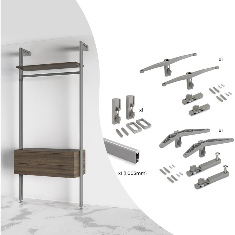 Emuca - Kit de fixation pour 1 étagère en bois, 1 module et 1 tringle de suspension longueur 1m Zero, Zamak, Gris pierre peint