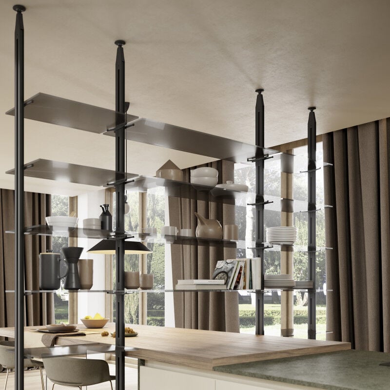 Emuca - 7021454 Lot de consoles pour 5 tablettes en verre pour la structure Zero, verre non inclus, Zamak, Peint en noir texturé