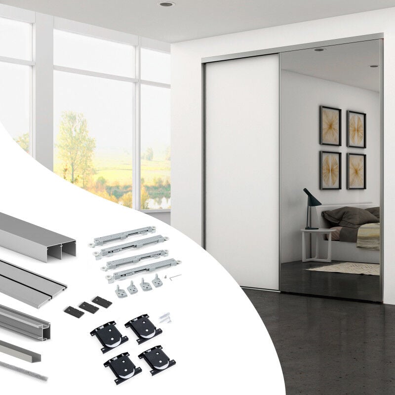 Emuca - 6015562 Kit de quincaillerie pour armoire à 2 portes coulissantes avec fermeture souple Placard 74, Modèle de poignée Sha