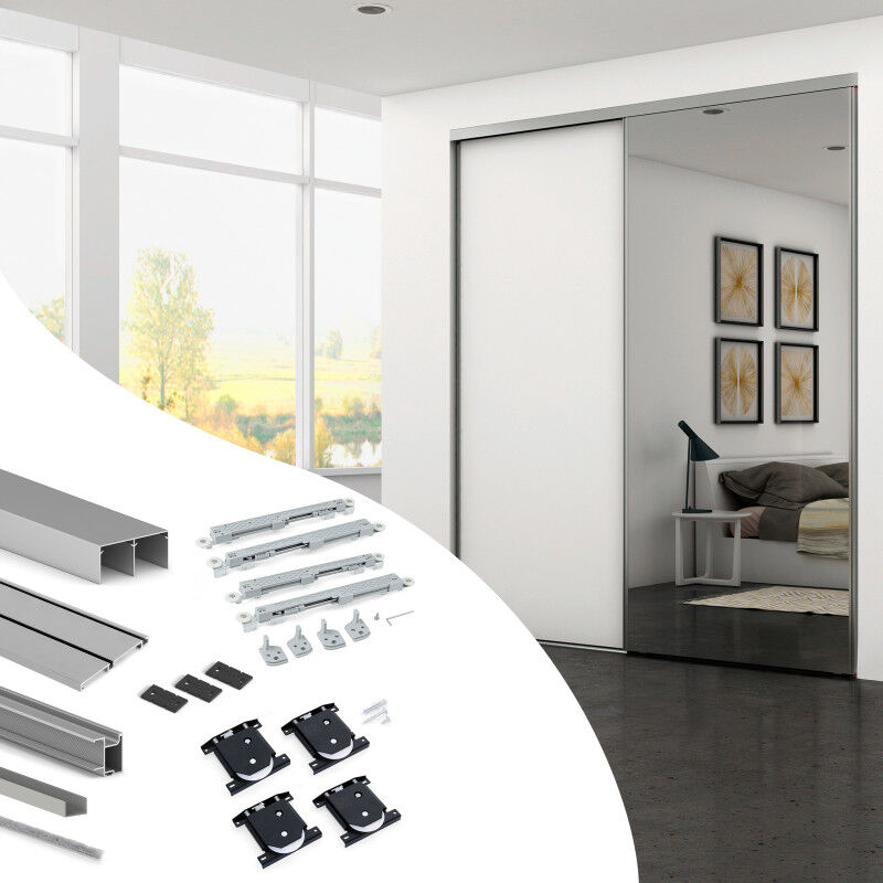 Emuca - 6018362 Kit de quincaillerie pour armoire à 2 portes coulissantes avec fermeture souple Placard 74, Modèle de poignée Sha