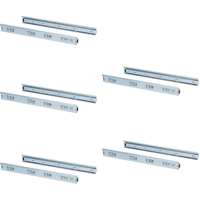 Lot de 5 coulisses pour tiroirs, roulement à billes, hauteur 45mm, profondeur 250mm, sortie totale, zingué - Emuca