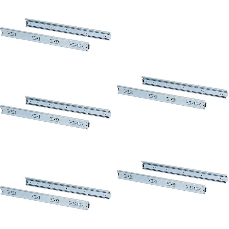 Lot de 5 jeux de coulisses pour tiroirs, roulement à billes, hauteur 45mm, profondeur 600mm, sortie totale, zingué - Emuca