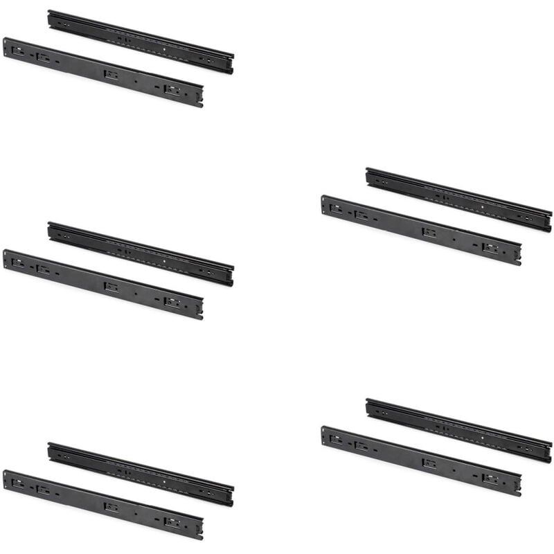 Lot de 5 jeux de Coulisses pour tiroirs, roulement à billes, hauteur 45mm, profondeur 350mm, sortie totale, Noir - Emuca