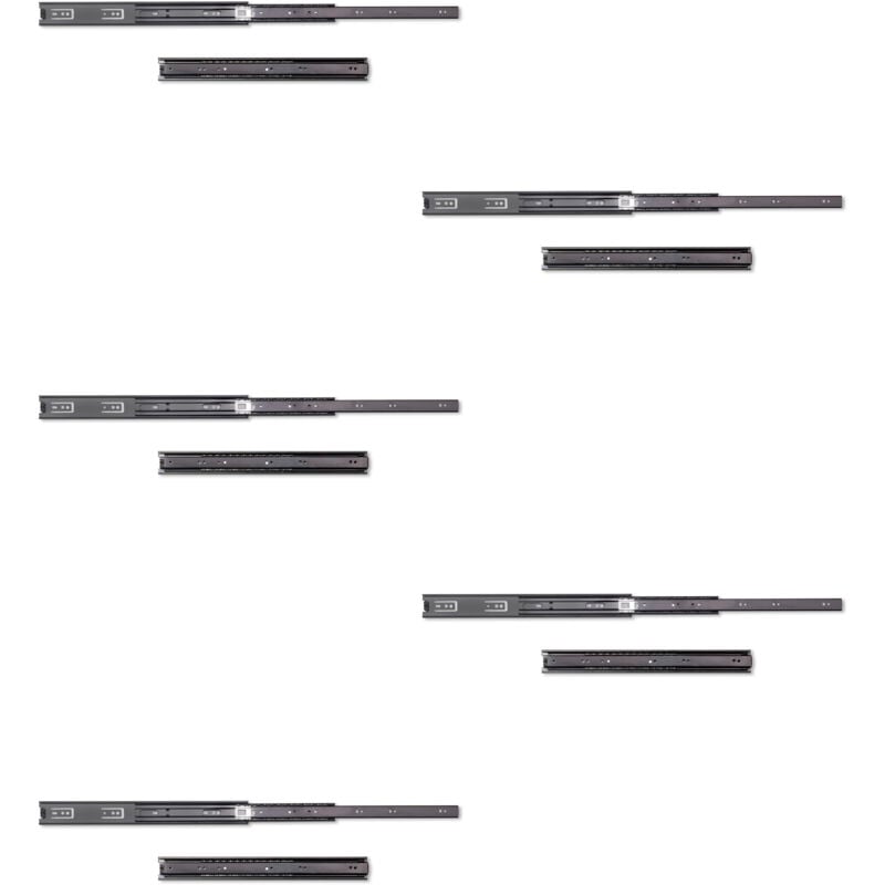 Lot de 5 jeux de Coulisses pour tiroirs, roulement à billes, hauteur 45mm, profondeur 400mm, sortie totale, Noir - Emuca