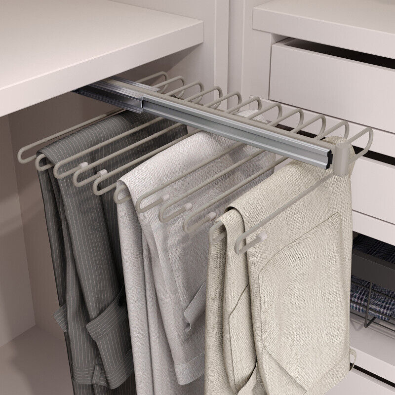 Emuca – Porte-pantalons extractible en acier peint gris pierre – 11 tringles – Coulisses à billes – Installation simple à gauche ou droite