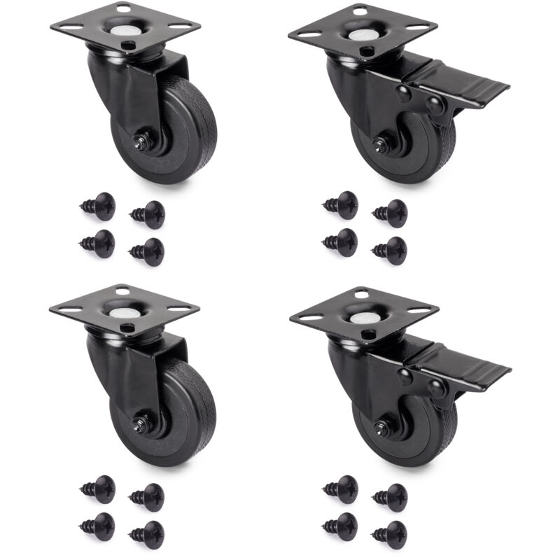Emuca - Lot de 4 roulettes Black avec plétine de montage, diamètre 50mm, Plastique et Acier, Noir