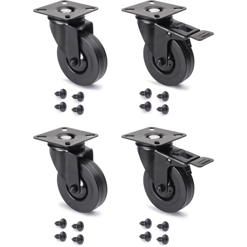 Lot de 4 roulettes Black avec plétine de montage, diamètre 75mm, Plastique et Acier, Noir - Emuca
