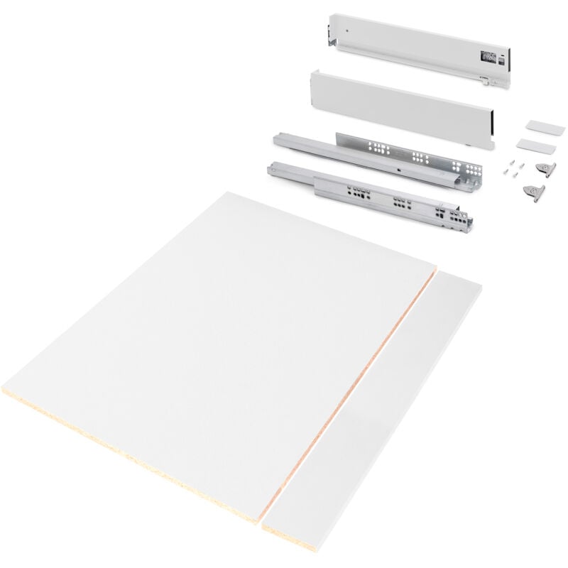 Kit de tiroirs pour cuisine ou salle de bains Vertex avec réglages 3D, hauteur 93mm, avec panneaux inclus, module 900mm, Peint en blanc - Emuca