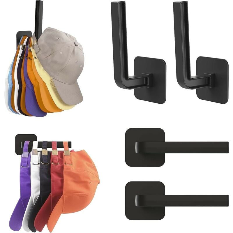 Porte-chapeaux pour rangement de chapeaux (4-Pack) Crochets à chapeaux adhésifs pour rangement mural de chapeaux, noir