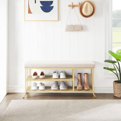 Porte-chaussures avec assise, banc à chaussures 3 niveaux rembourré 100 x 32 x 48 cm, banc doré avec pieds réglables, pieds en métal, pour salon, chambre à coucher, couloir,109X38X14CM