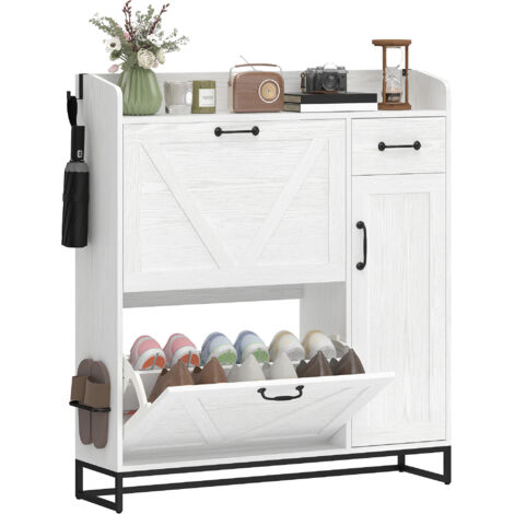 Porte-chaussures étroit avec 2 tiroirs pliables, étagères réglables pour 12 paires pour un espace réduit, 106,7x26x116cm blanc