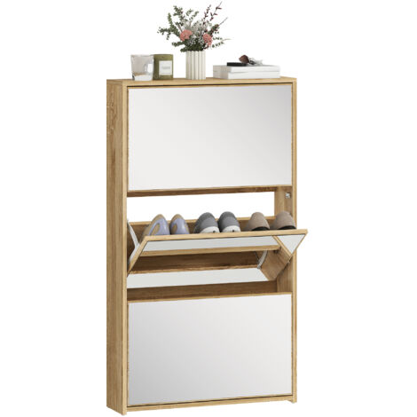 Porte-chaussures Hall d’entrée avec 3 portes avec miroir Porte-chaussures étroit pour 9 paires de chaussures 65x17x114,5 cm Naturelles