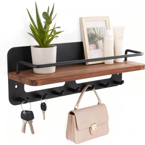 Porte Clef en Bois avec Étagère, Porte-clés Décoratif avec 7 Crochets, Porte-clés Étagère Mural pour Entrée, Couloir, Chambre à Coucher, Salon, Bureau