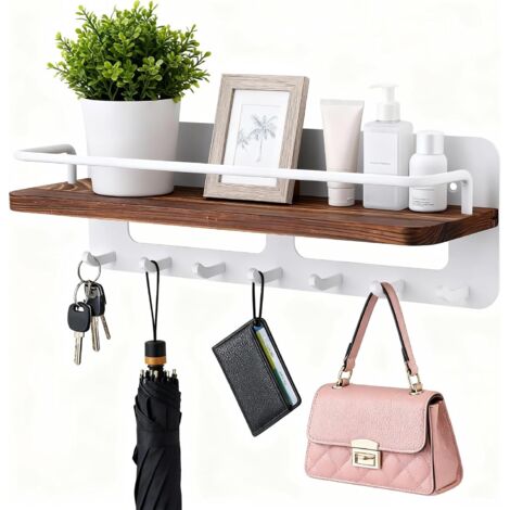 Porte Clef Mural avec Étagère, Porte-clés en Bois avec 7 Crochets, Design Décoratif pour Entrée, Couloir, Chambre, Salon ou Bureau