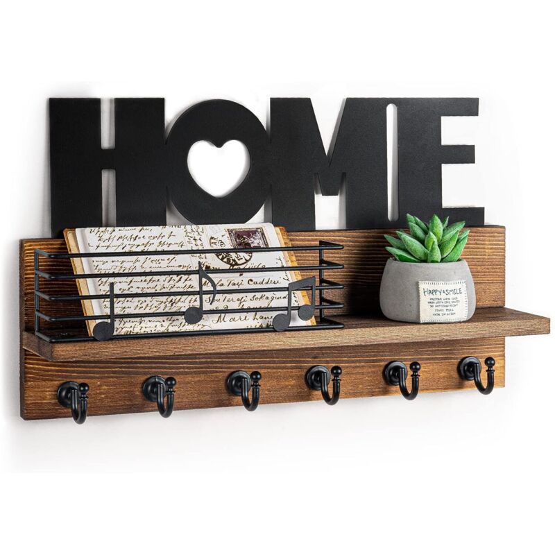 Dpzo – Porte-clés mural en bois à 6 crochets – Support vintage avec étagère de rangement – Pour clés et courrier à l'entrée