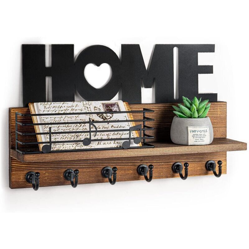 RHG Porte Clef Mural Bois à 6 Crochets - HOME Décoration Boîte à Clés Vintage, Boite a Clefs Murale avec Étagère de Rangement pour Rangement Des Clés