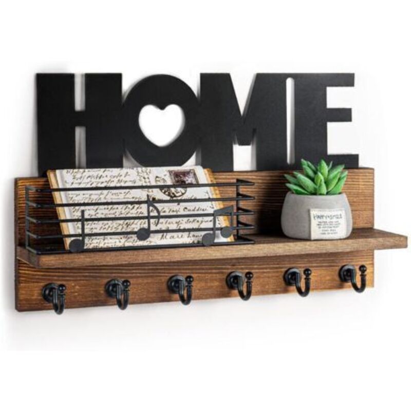 Porte Clef Mural Bois à 6 Crochets - HOME Décoration Boîte à Clés Vintage, Boite a Clefs Murale avec Étagère de Rangement pour Rangement Des Clés et